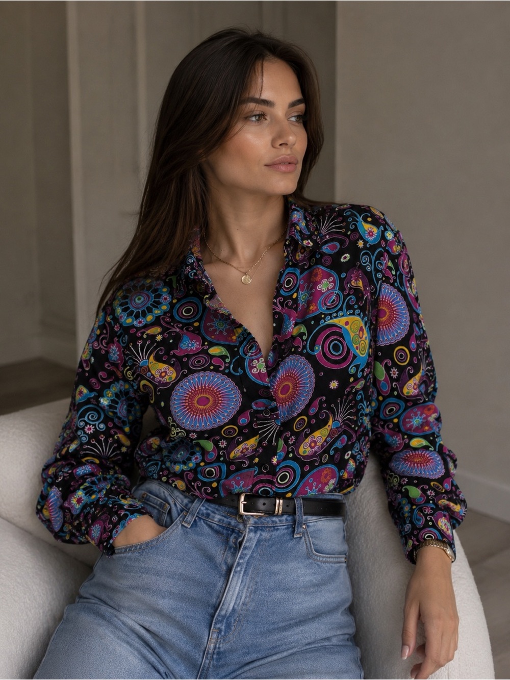 Black Multi-Color Patterned Button-Front Shirt Jacket